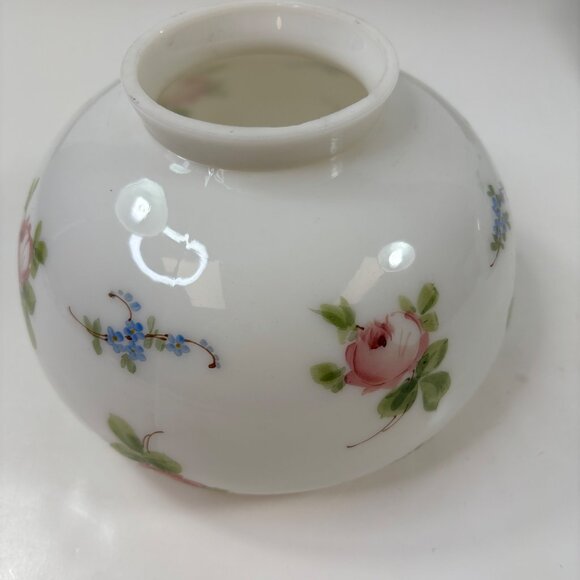 Vintage White Floral Glass Lamp Shade Globe Pink Roses  Blue Flowers  7" Diamete - Picture 2 of 10